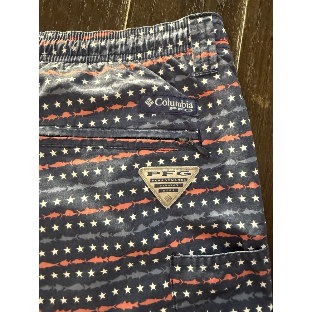 Columbia PFG Swim Trunks Mens M Fish Print Omni Shade Lined Patriotic 5"